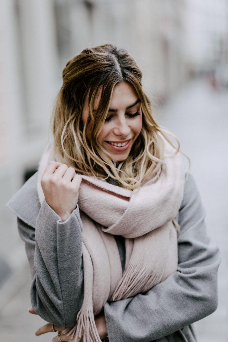 rose scarf, grey coat, Luisa Lion