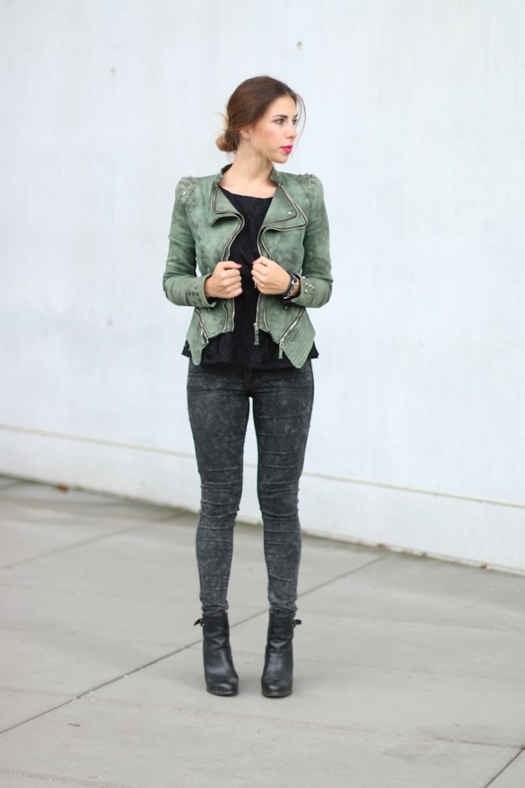 Studded Shoulder Denim Blazer green